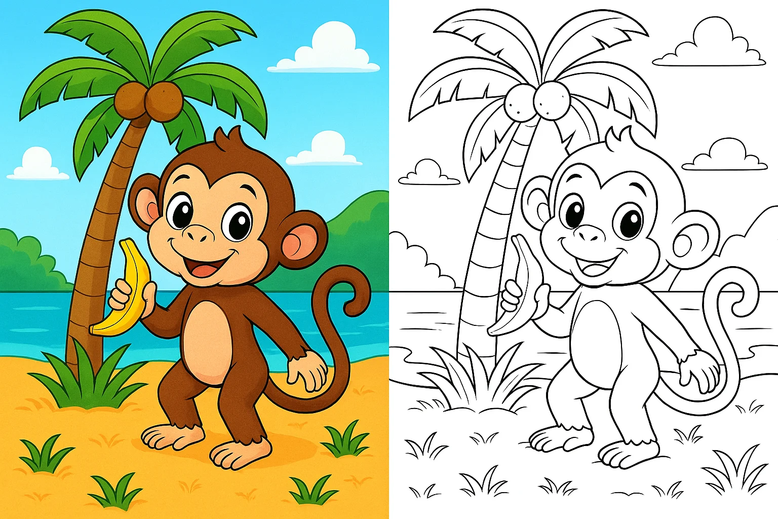 monkey coloring pages – cute cartoon monkey holding a banana on a tropical Hawaii beach with palm trees; left side fully colored scene, right side identical black-and-white monkey coloring page for kids