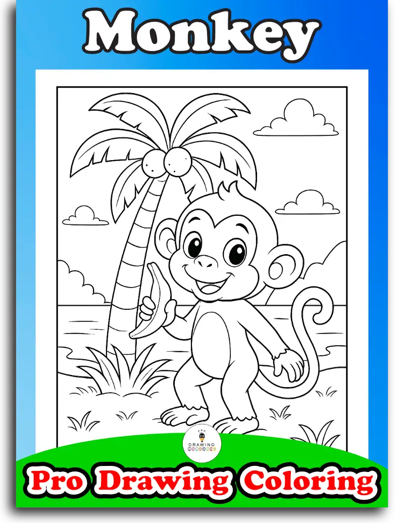 Jungle monkey coloring pages for kindergarten, funny animal art.