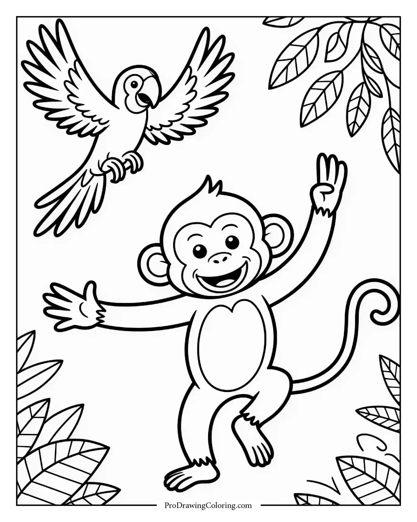 Happy monkey dancing with parrot.