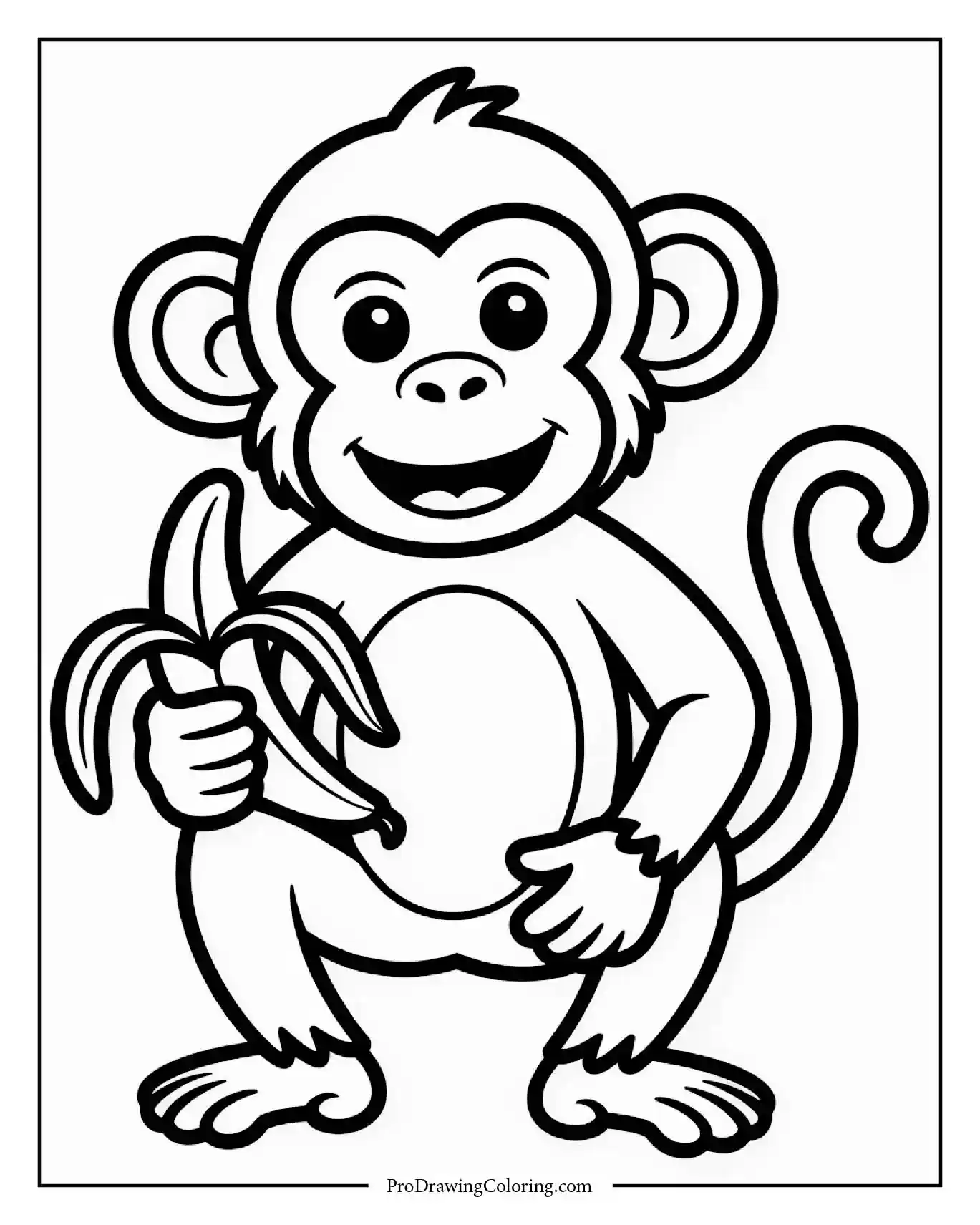 Monkey holding banana, easy monkey coloring page for children.