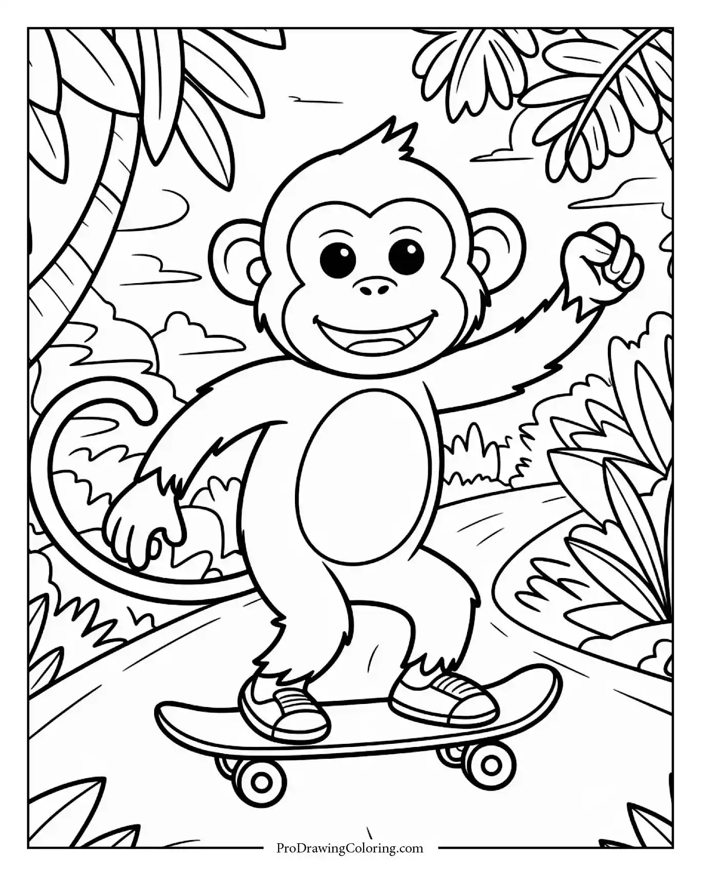 Funny monkey riding skateboard.