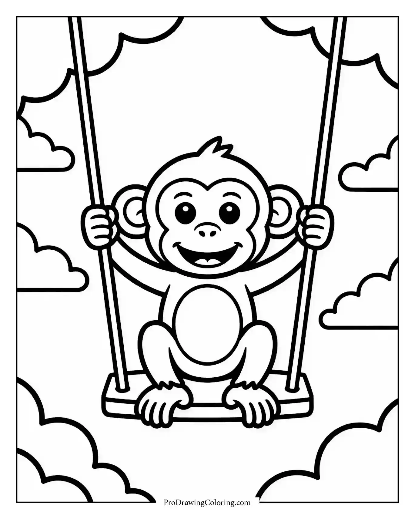 Cute monkey on swing surrounded by clouds.