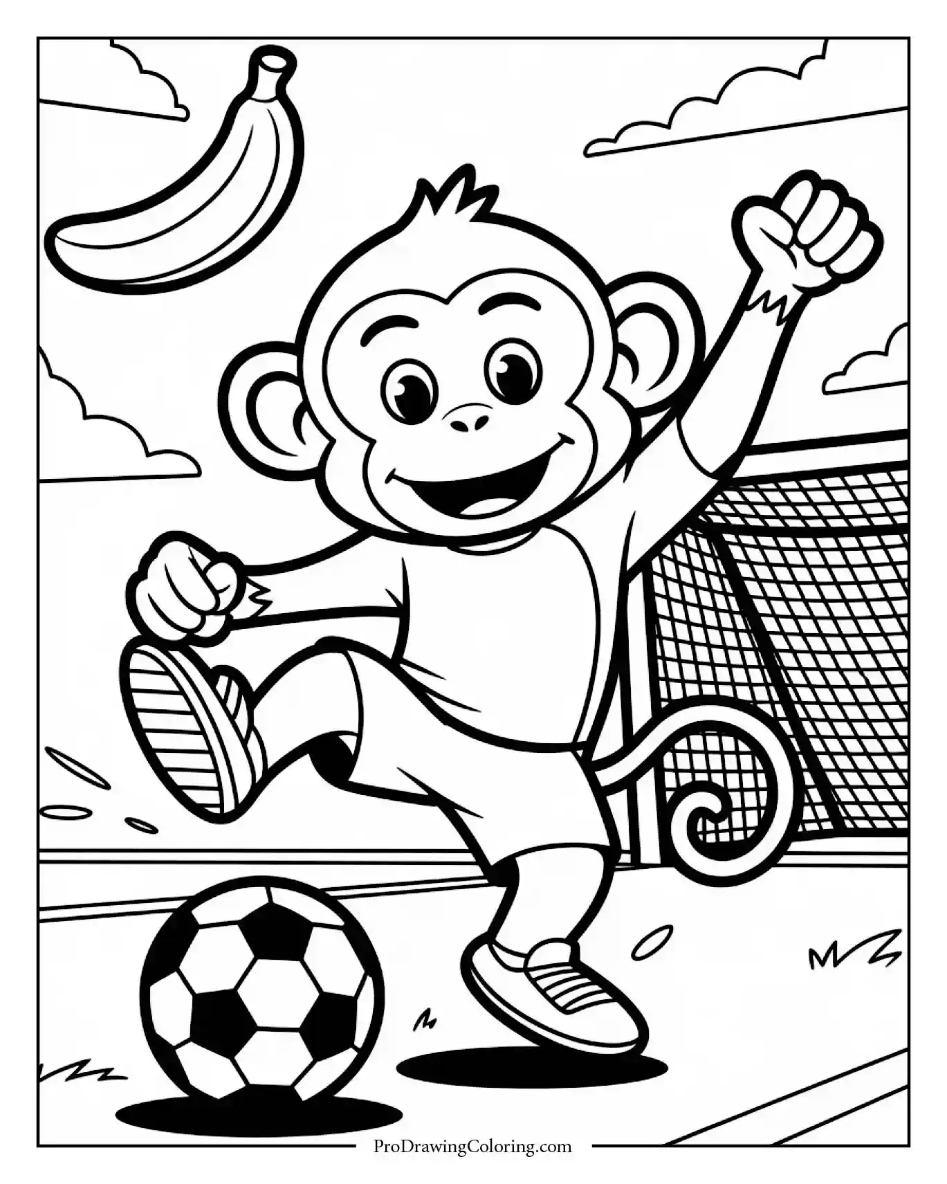 Playful monkey playing soccer, fun printable monkey coloring page for children.
