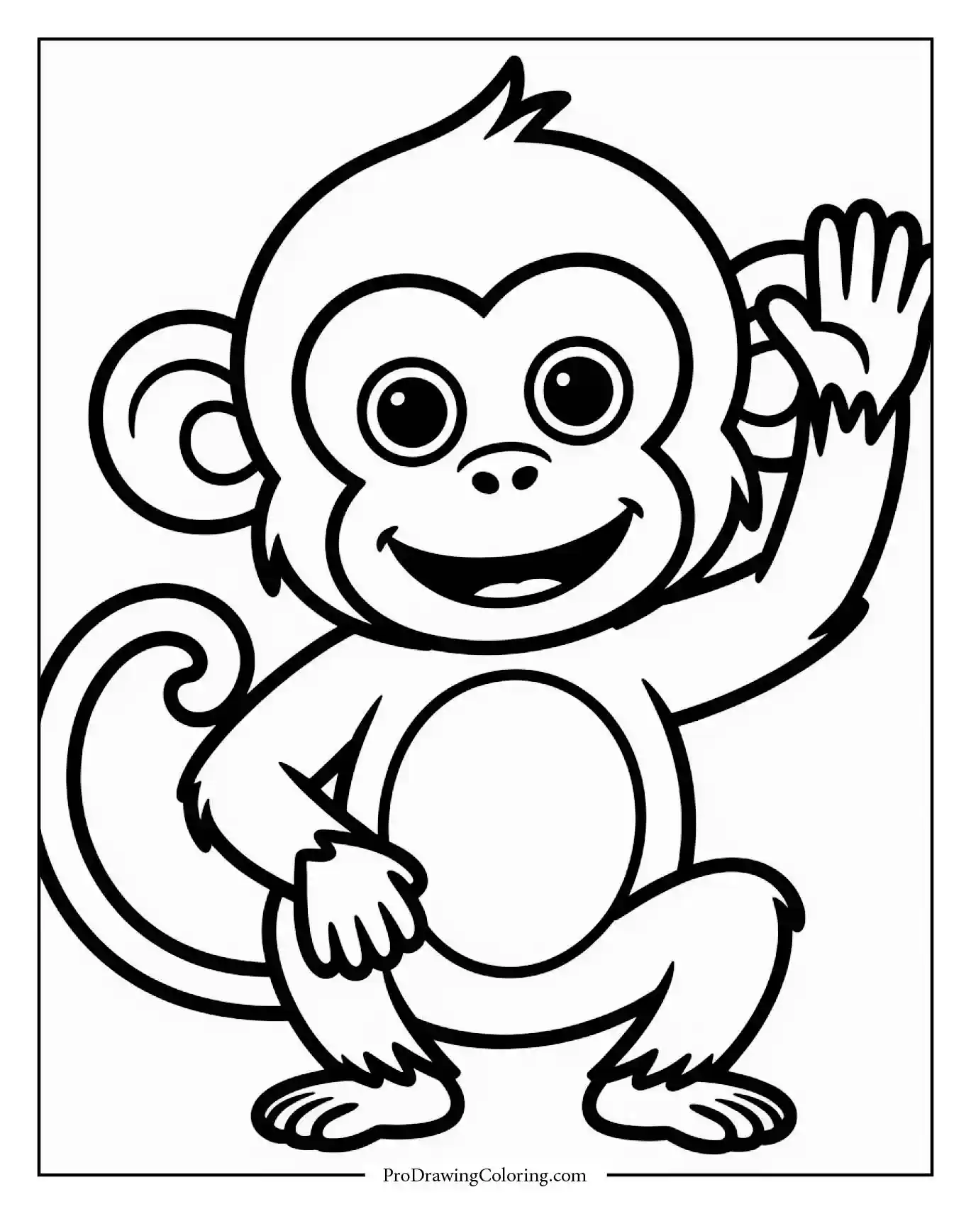 Happy monkey waving hello, easy printable monkey coloring page for kids.