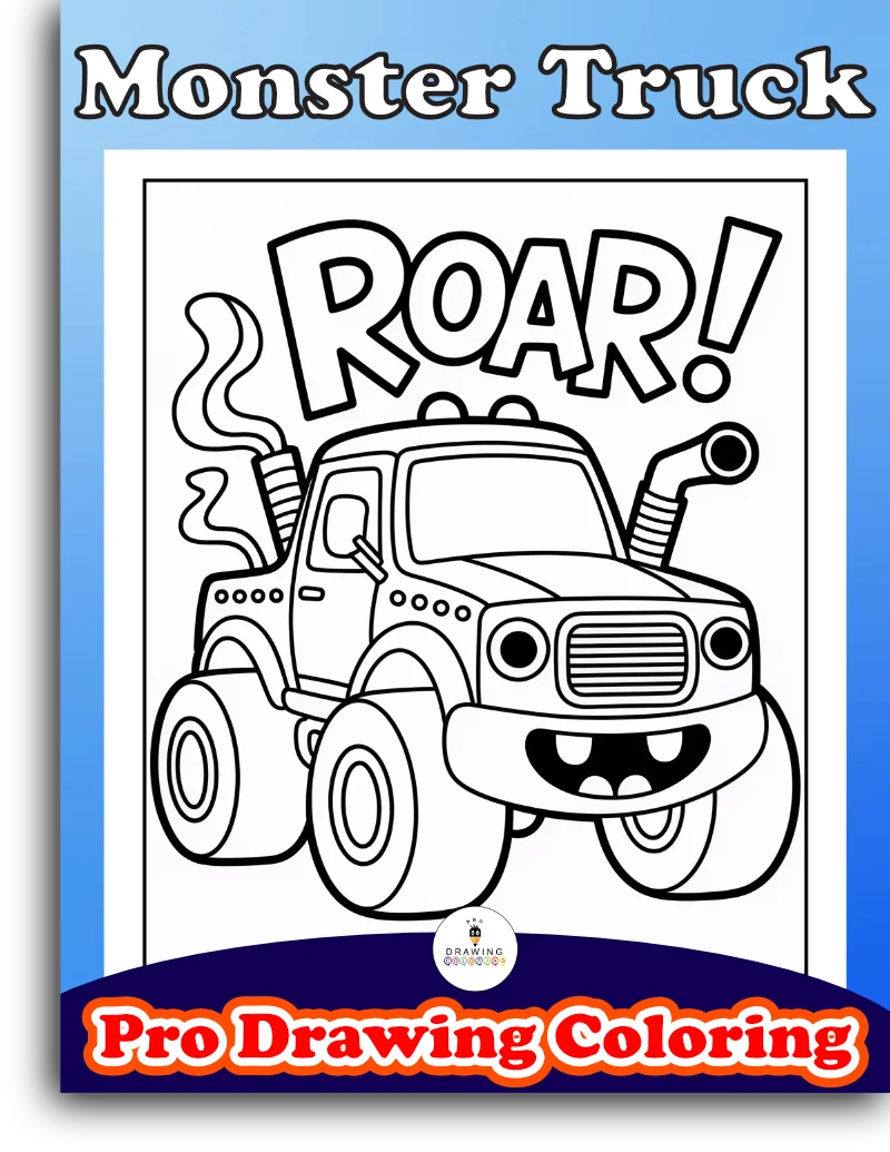 A powerful monster truck with big wheels, this cool black and white cartoon is a free printable for kids.