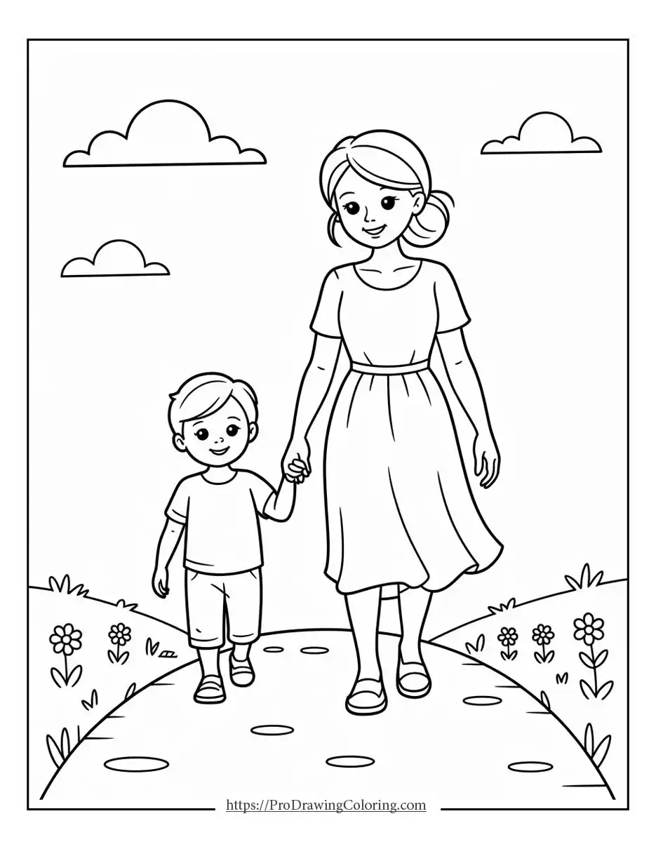 Mother holding her child’s hand during a peaceful walk, a warm Mothers Day moment