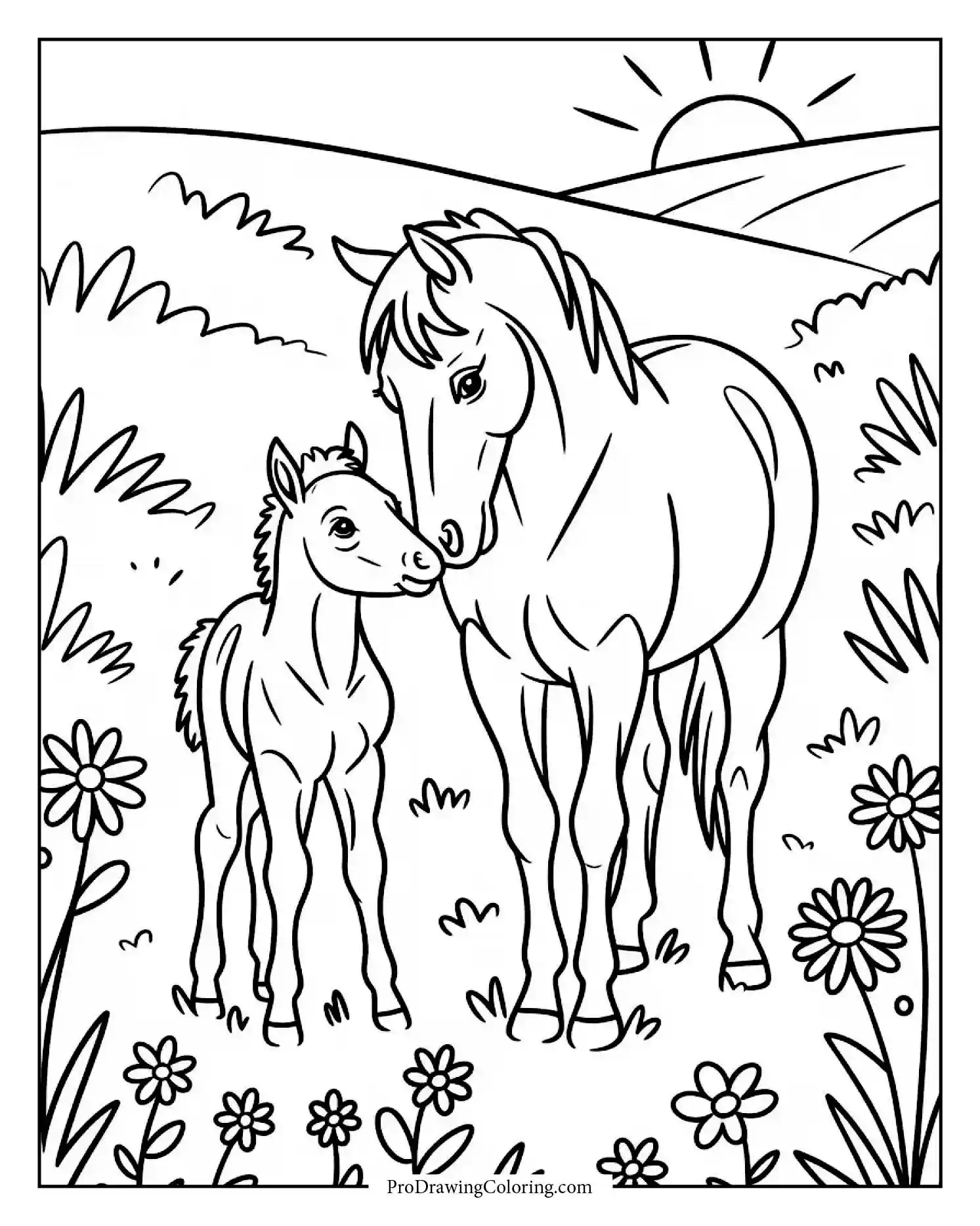 mother horse and foal coloring sheet Horse coloring page to print showing a mother horse caring for her foal in the pasture