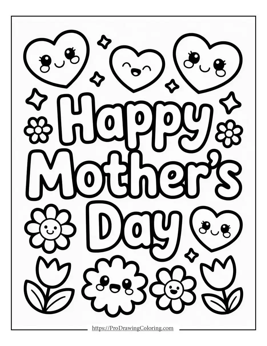 Happy Mother’s Day text with hearts and flowers, easy coloring page
