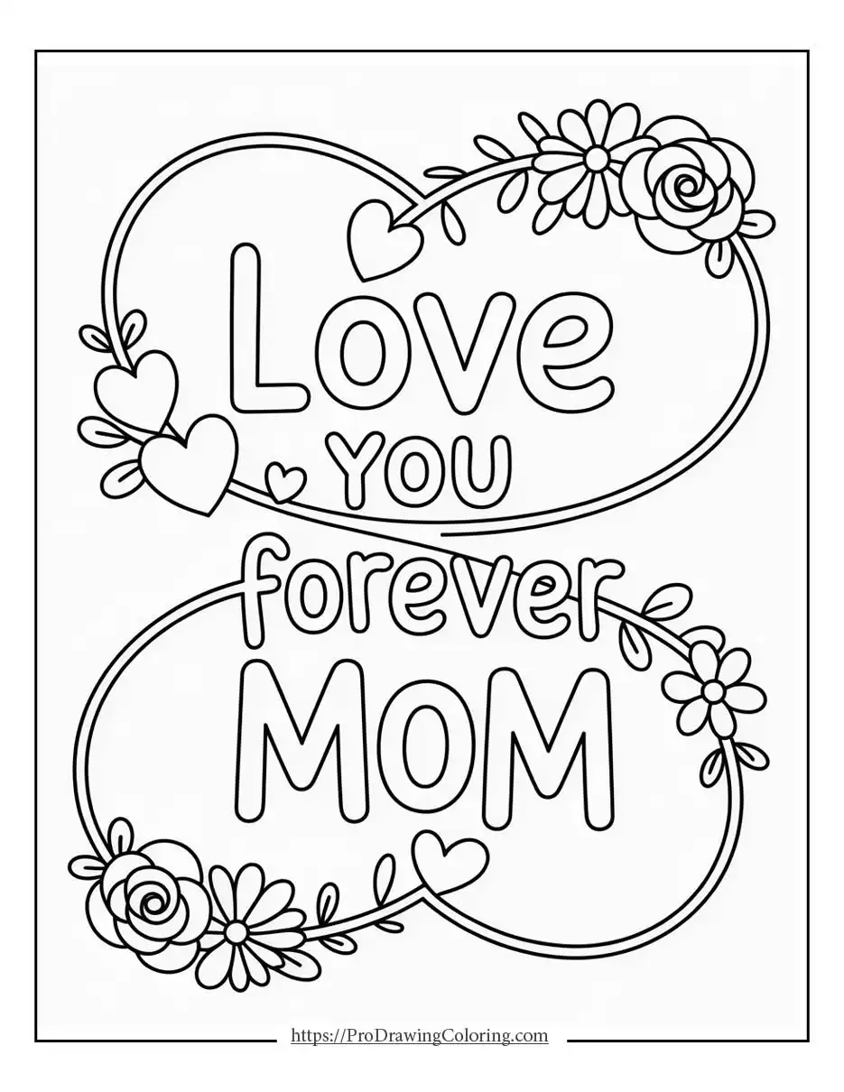 Love you forever mom lettering with floral hearts, printable Mother’s Day coloring page