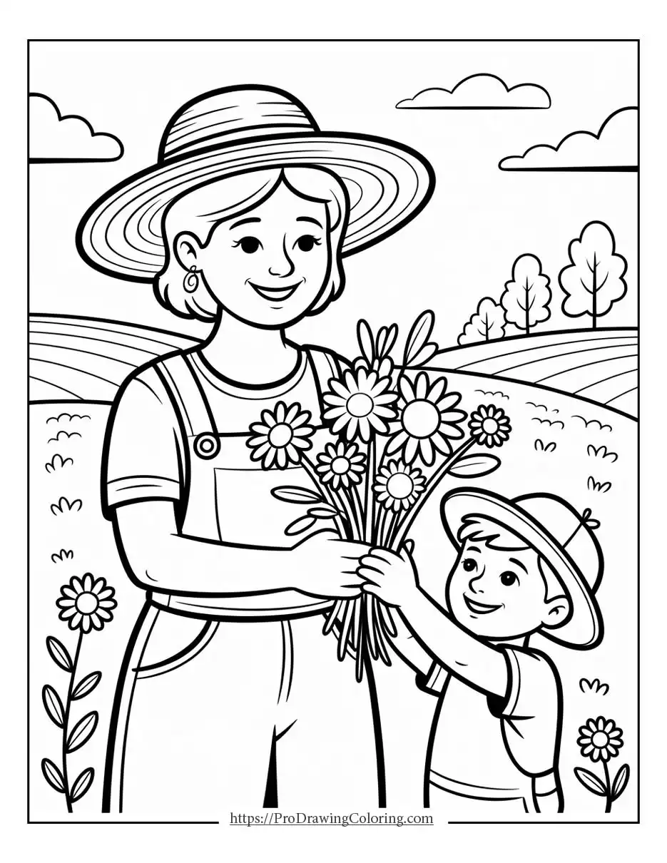 Child offering flowers to smiling mom, heartwarming Mother’s Day coloring page