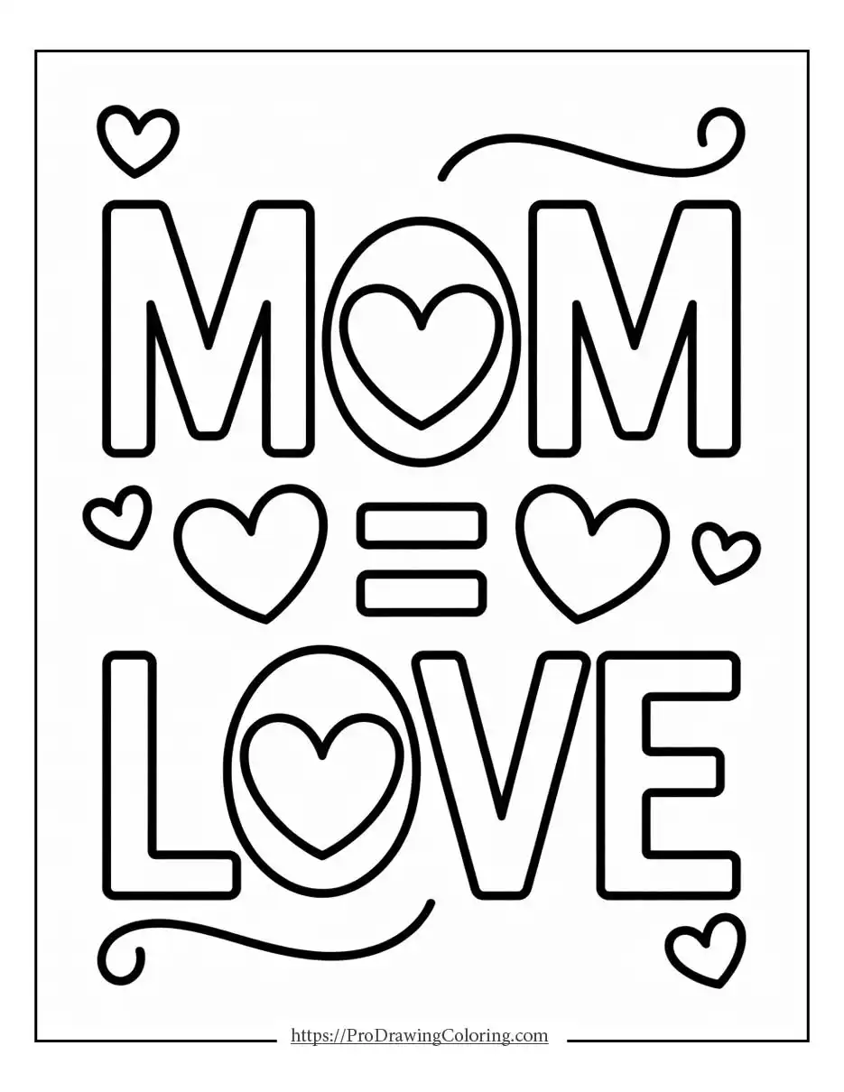 Cute Mom equals Love lettering with hearts, simple Mother’s Day coloring page