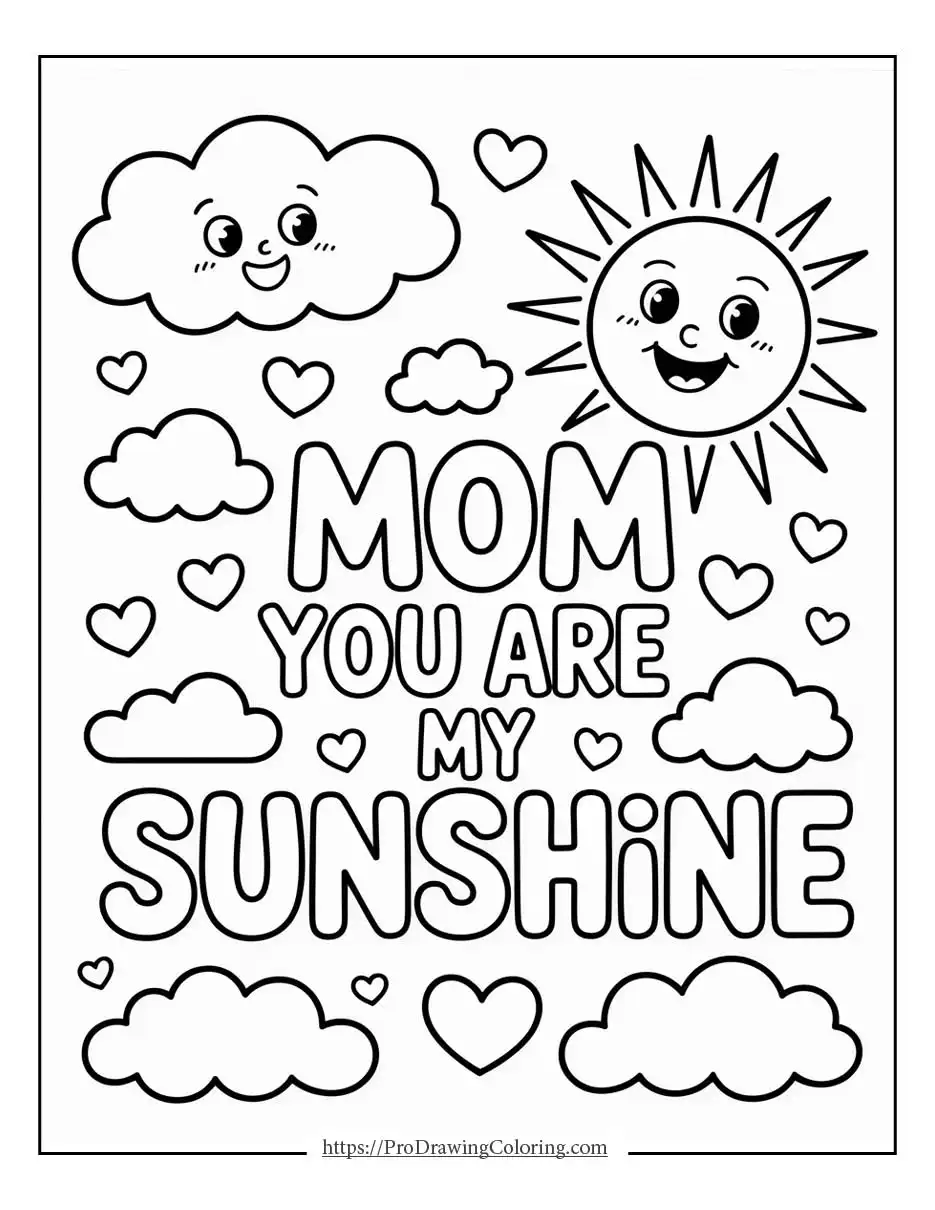 Cheerful Mother’s Day coloring page with smiling sun and clouds for kids