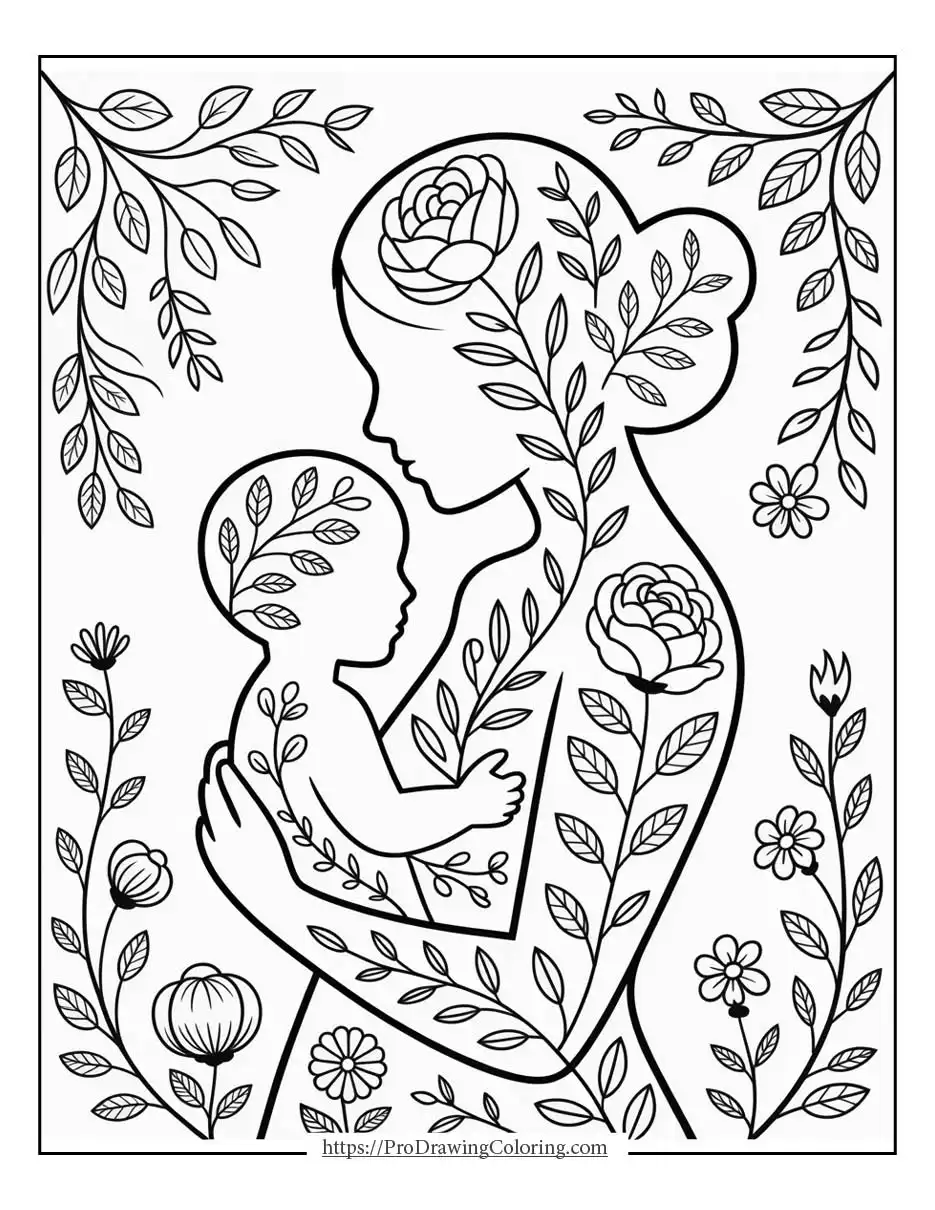 Artistic mother and child silhouette with flowers, elegant Mother’s Day coloring page