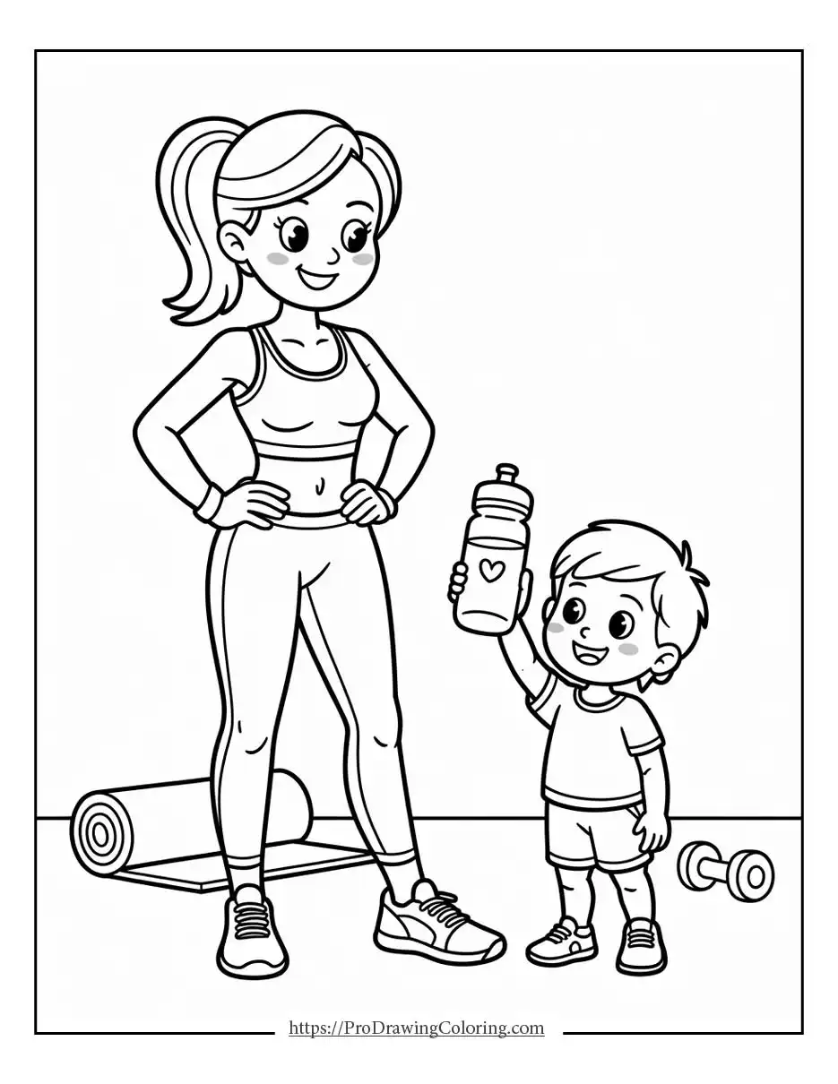 Active mom with child holding water bottle, modern Mother’s Day coloring page