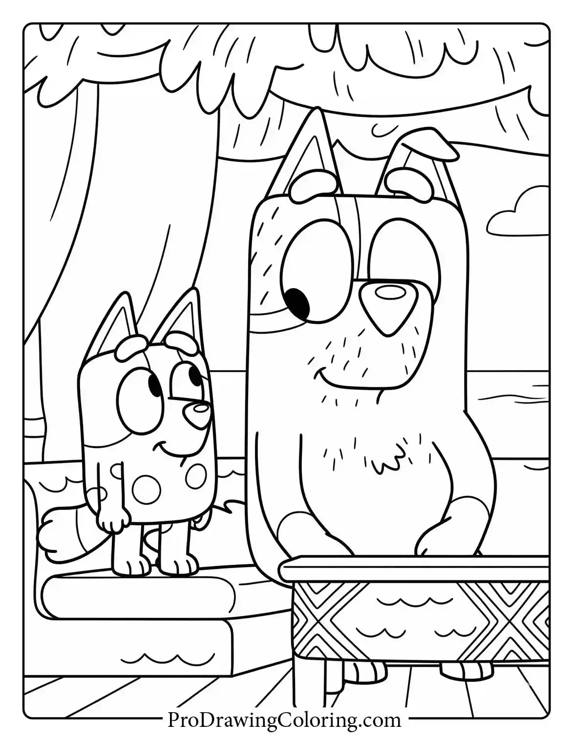 Easy printable featuring muffin bluey character sitting with Uncle Stripe.