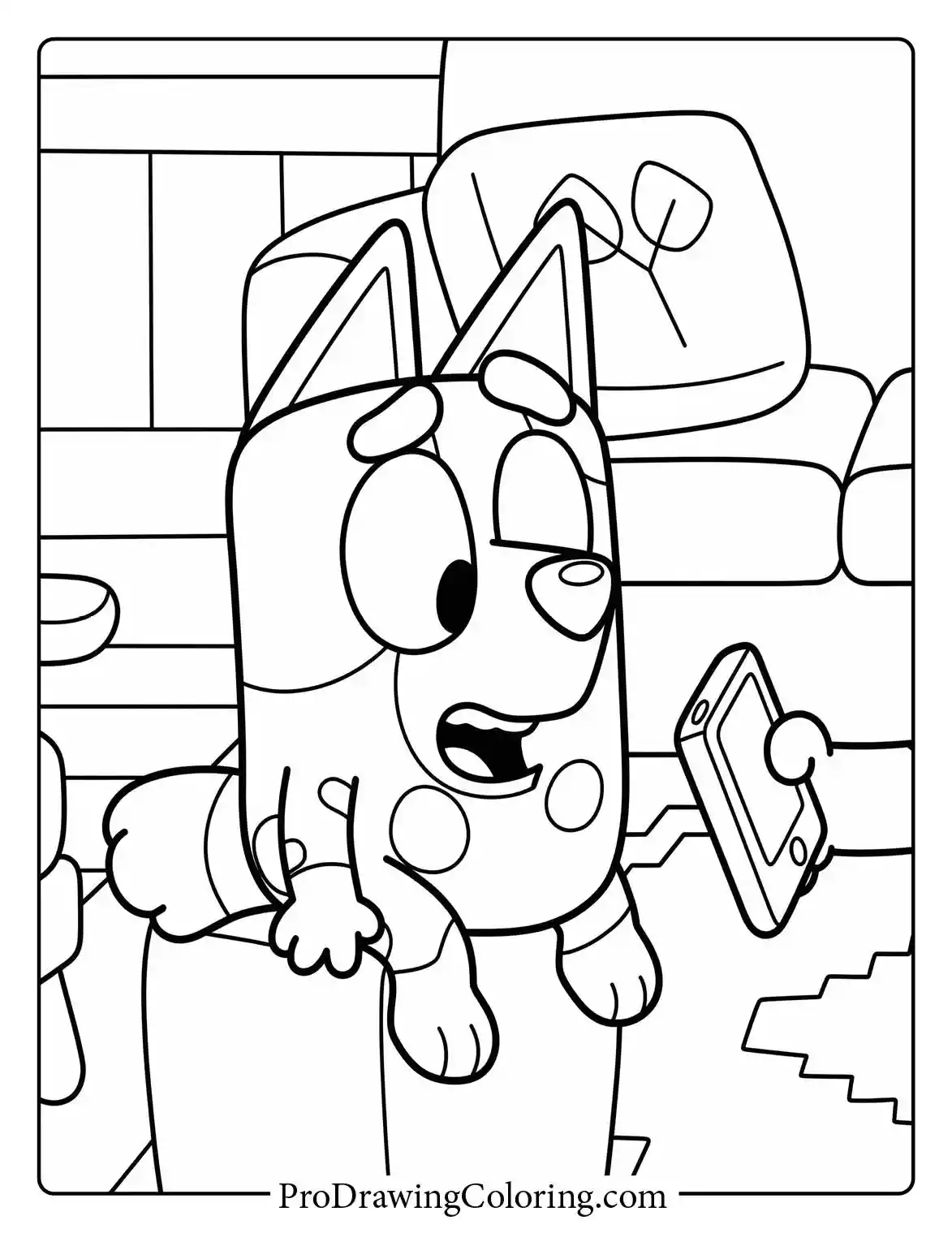 Free coloring page featuring an easy muffin drawing while the happy girl plays with a phone.