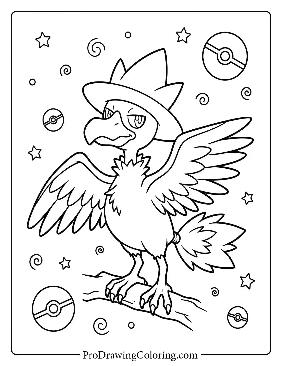 Coloring sheet of Murkrow standing confidently on a tree branch, surrounded by magical floating symbols and Poké balls in a beautiful starry sky.