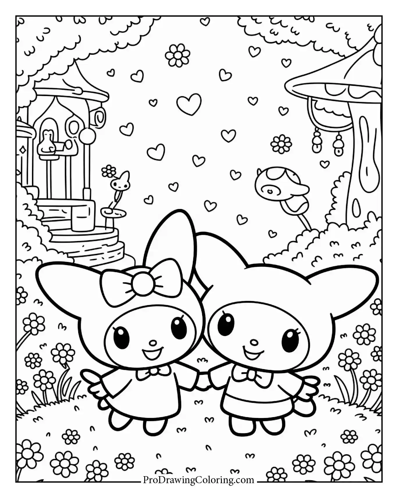 Adorable My Melody and Kuromi coloring page with flowers and sparkles, great printable