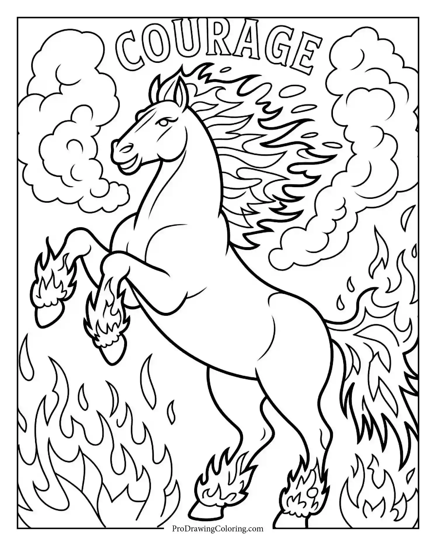 mythical fire horse coloring page Free horse coloring page with a fantasy horse surrounded by fire flames