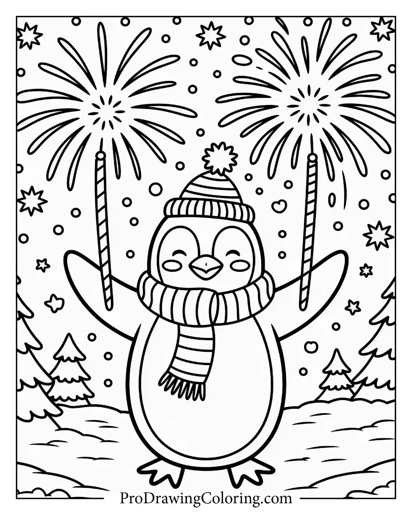 New Year Penguin Fireworks Coloring Sheet – printable penguin coloring page for kids