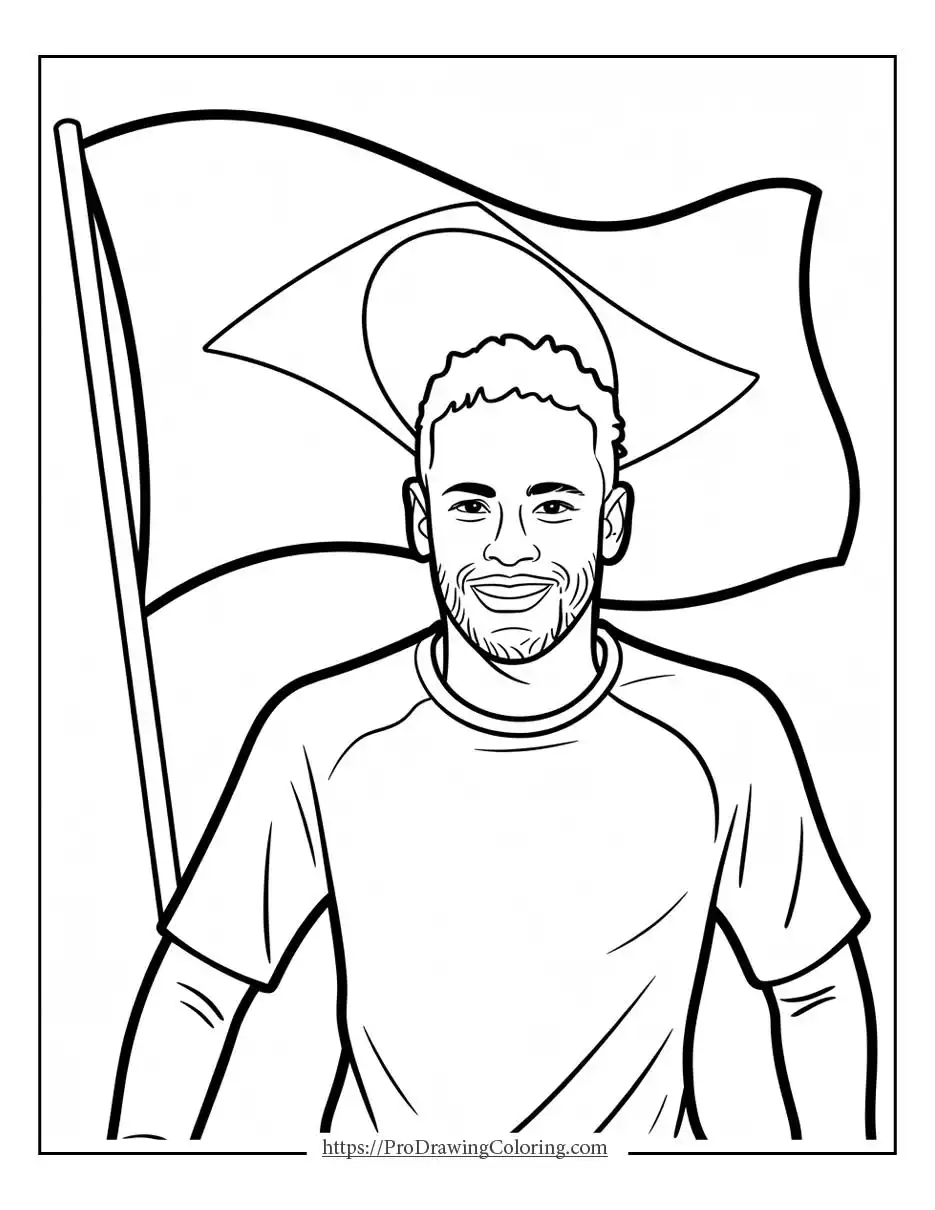 Neymar soccer coloring pages showing a smiling player standing in front of a waving flag
