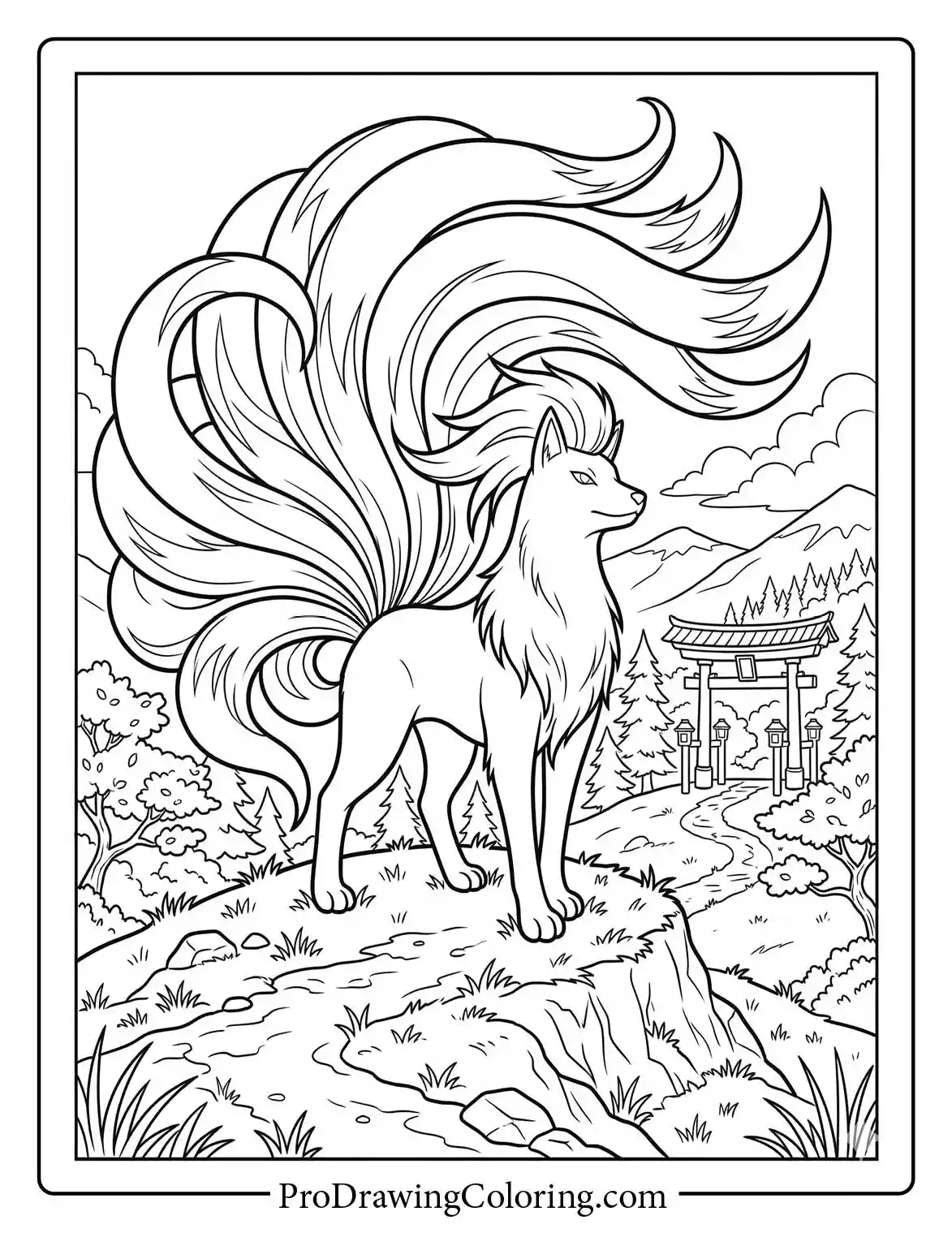 Ninetales stands gracefully on a hilltop, its beautiful nine tails flowing behind it, with a traditional Japanese gate in the distance, a stunning colouring page.