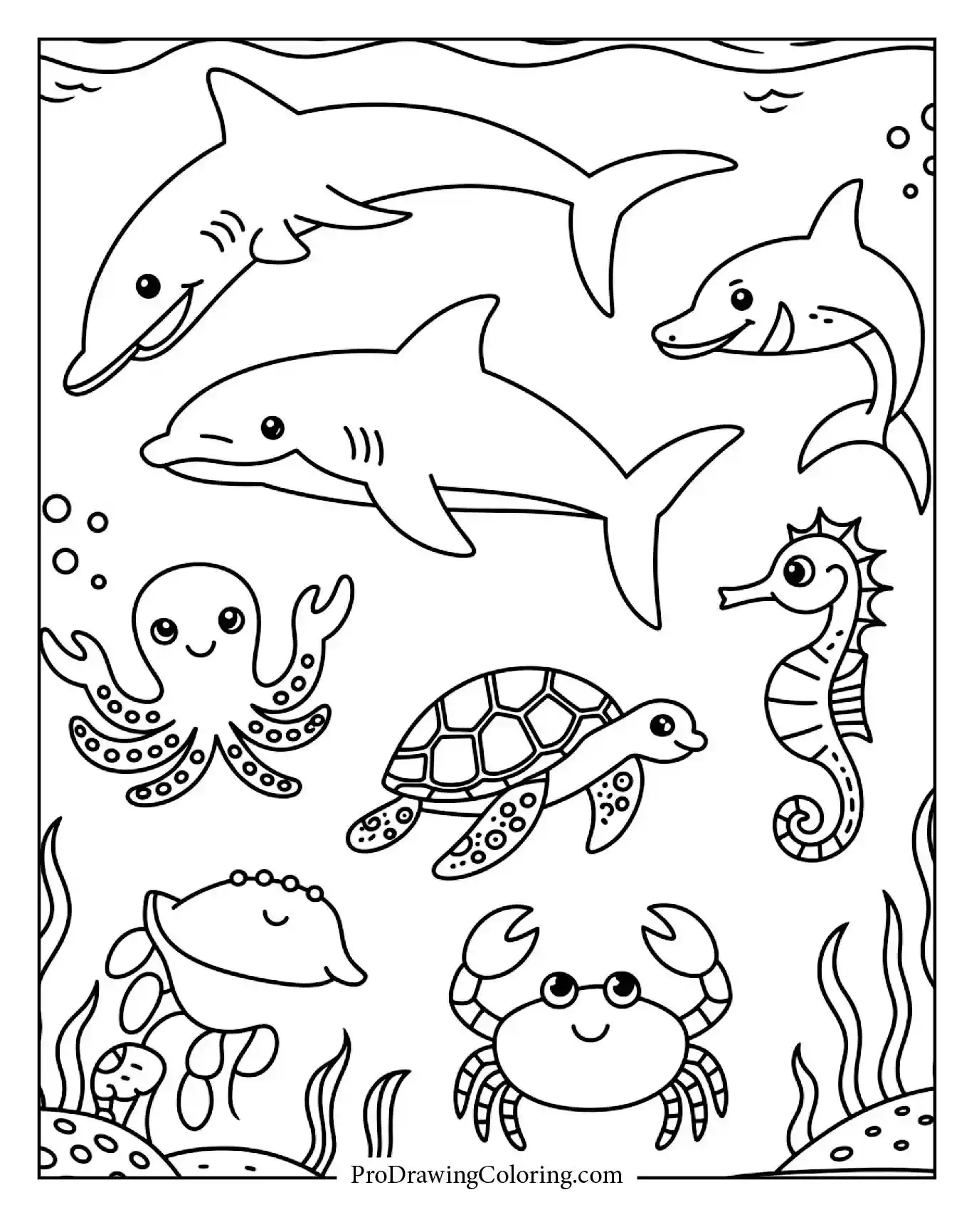 Ocean animal coloring pages for kids with six sea creatures swimming together