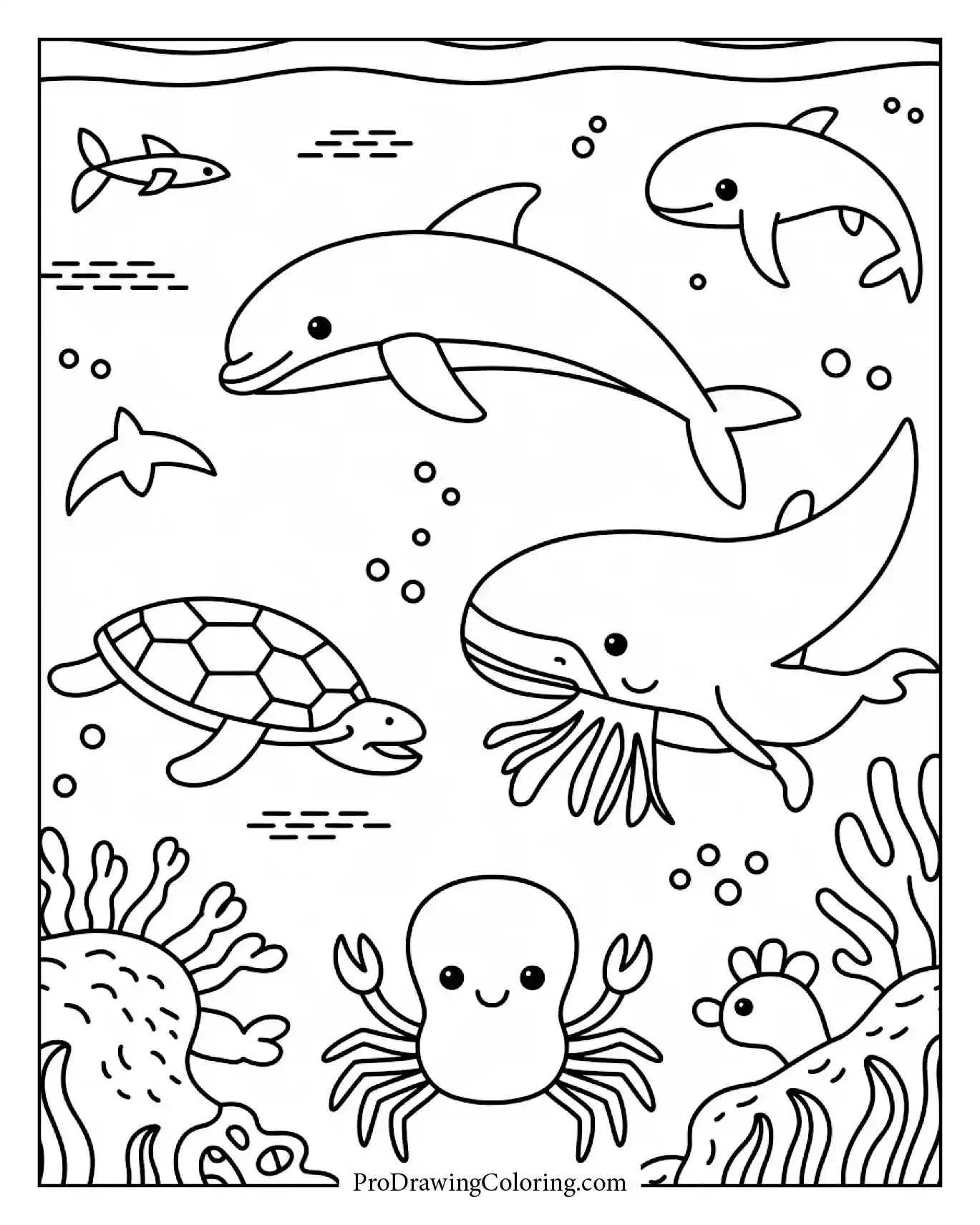 Fun ocean animal coloring page showing dolphin, turtle, whale, octopus, and crab in a simple sea background