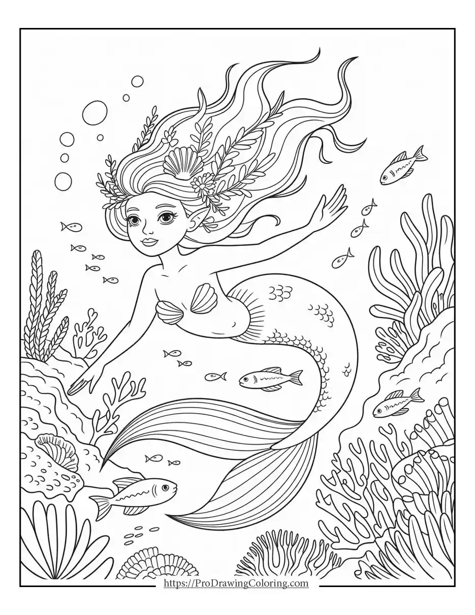 Underwater themed mermaid with sea plants and bubbles, relaxing and intricate coloring page