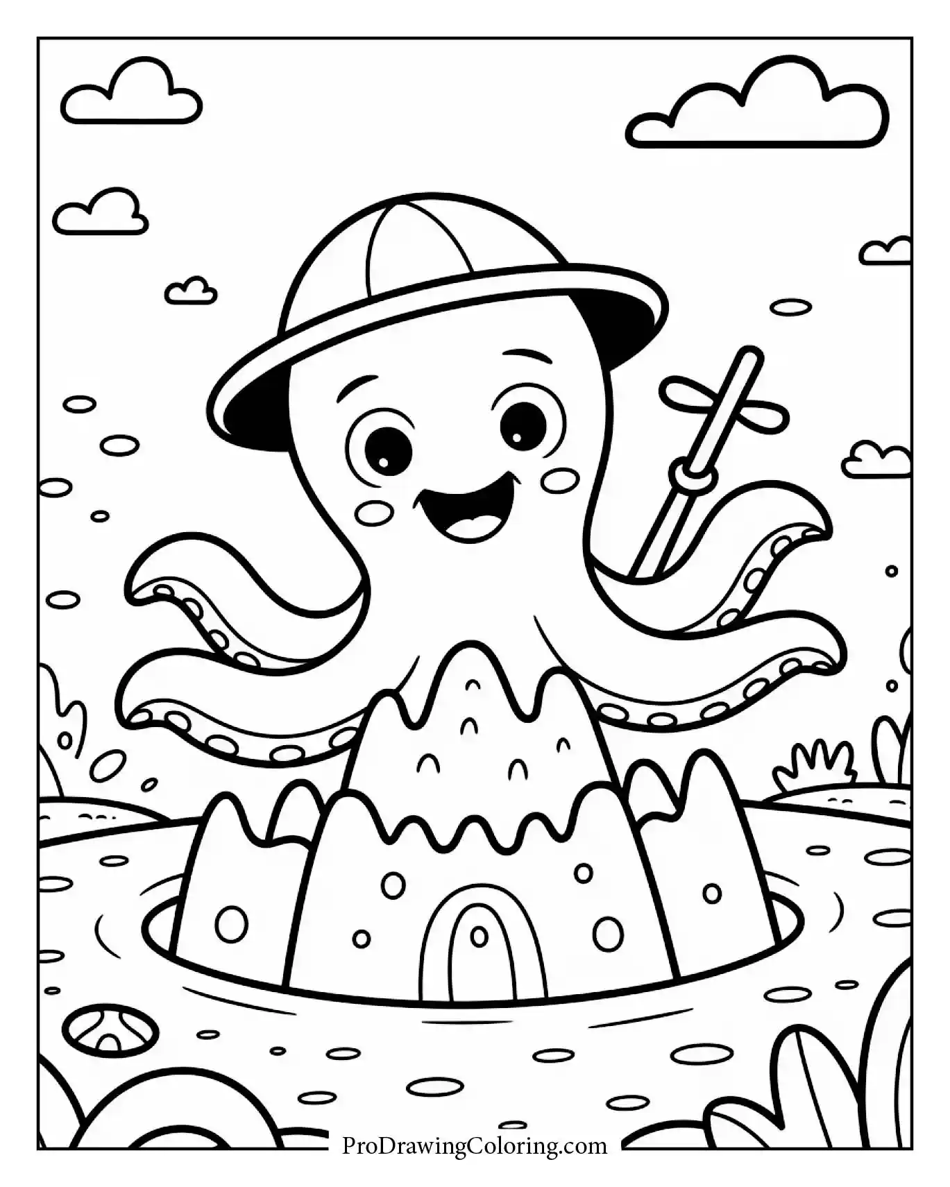 Beach coloring pages – octopus building sandcastle on the shore