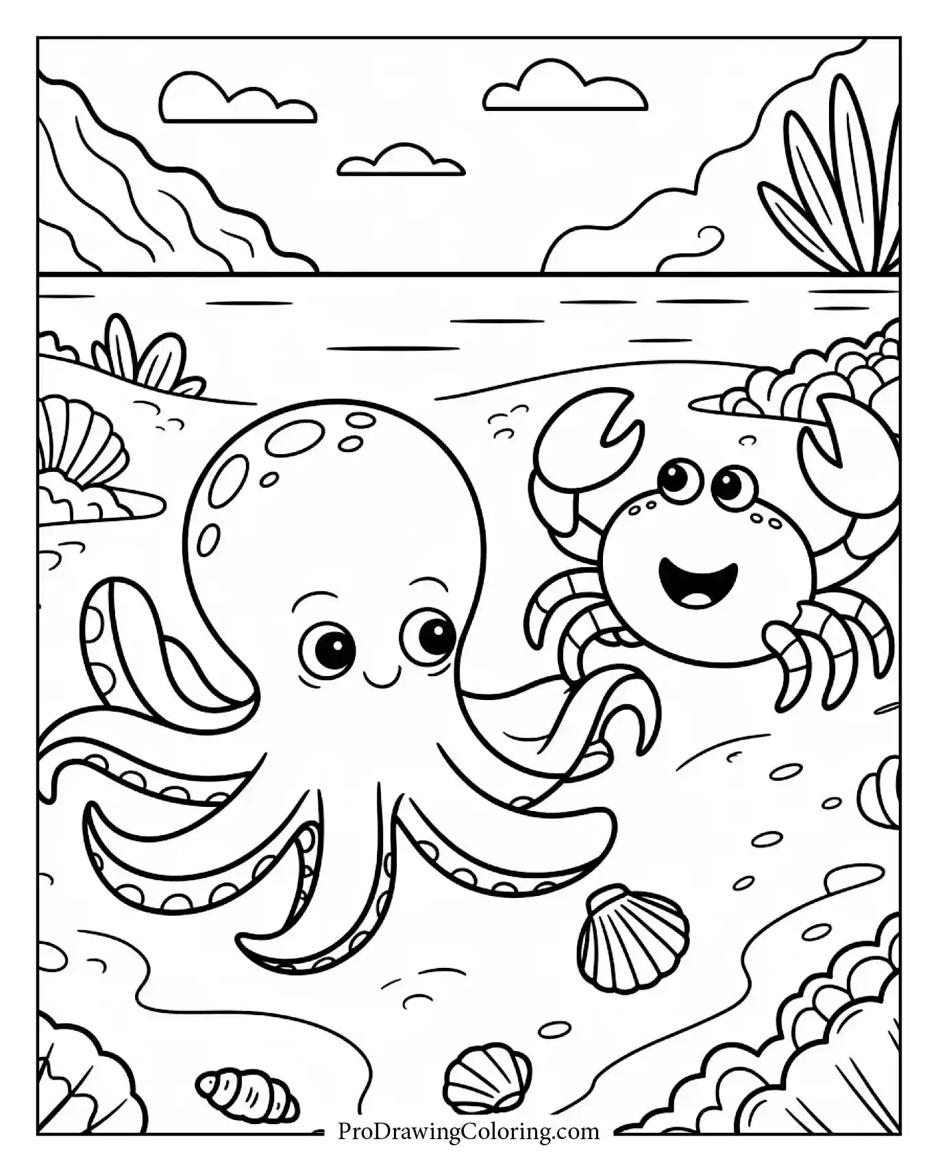 Cartoon octopus and crab playing with seashells on a sandy seabed