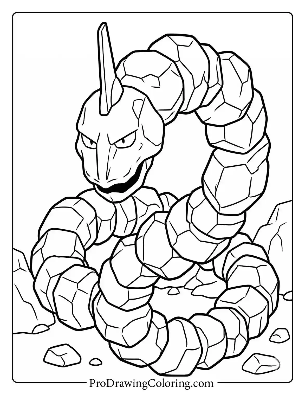 Onix, the giant rock snake Pokemon, towers up from the ground, showing its massive segmented boulder body and fierce face, an awesome Pokemon coloring page.