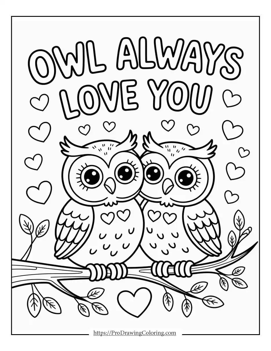 Owl always love you valentine’s day coloring pages with cute owl couple and hearts, printable coloring page