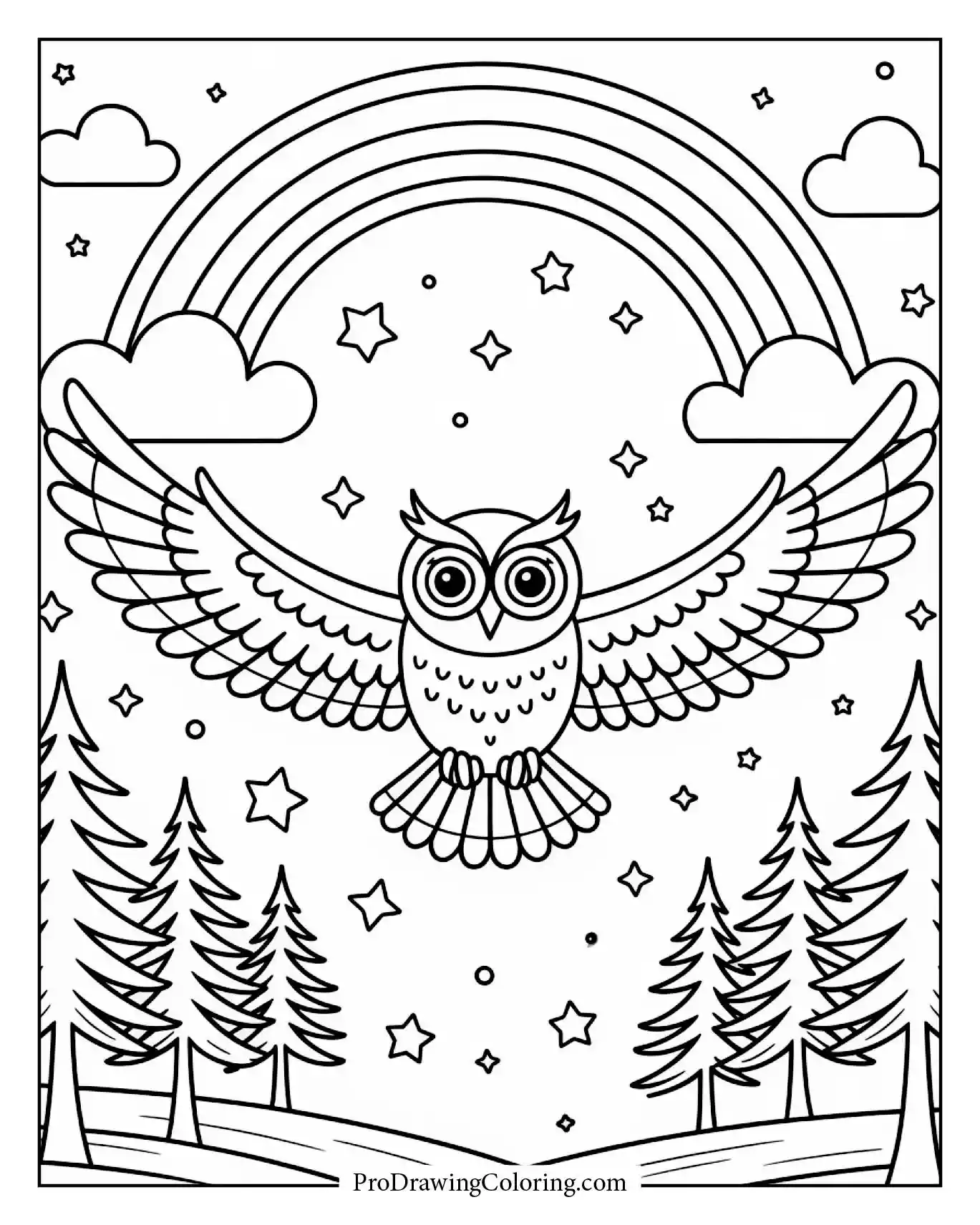An owl flying through a glowing rainbow beam between trees in a calm forest