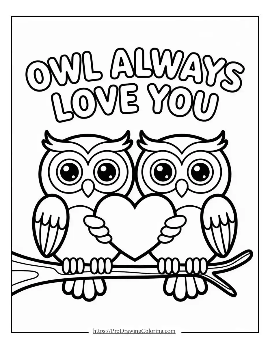 Adorable heart coloring pages showing two owls holding a heart with a sweet love message