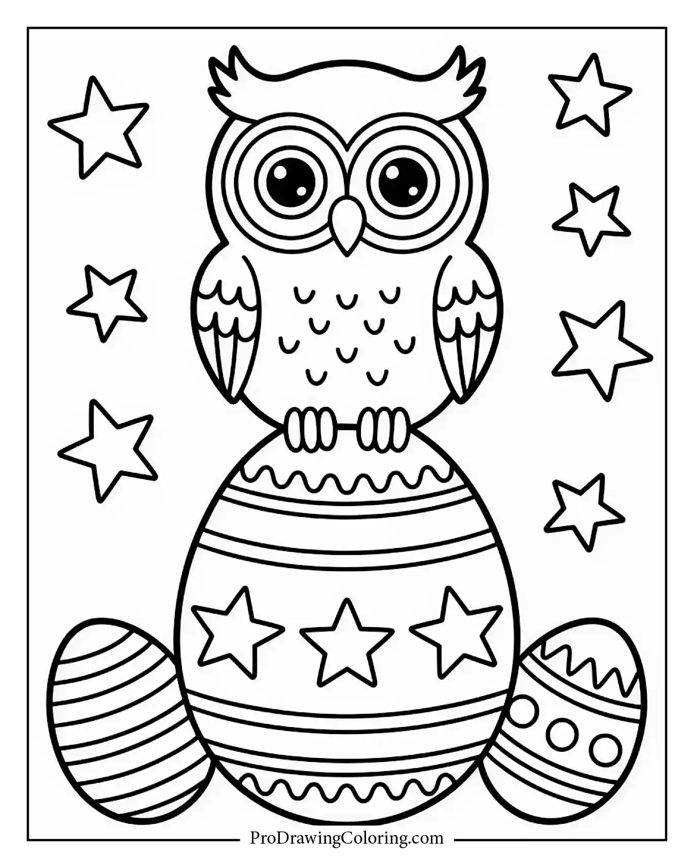 An owl sitting on a giant Easter egg covered with star patterns. A printable illustration in Pixar-Cartoon style. Perfect coloring page for kids and adults to enjoy.