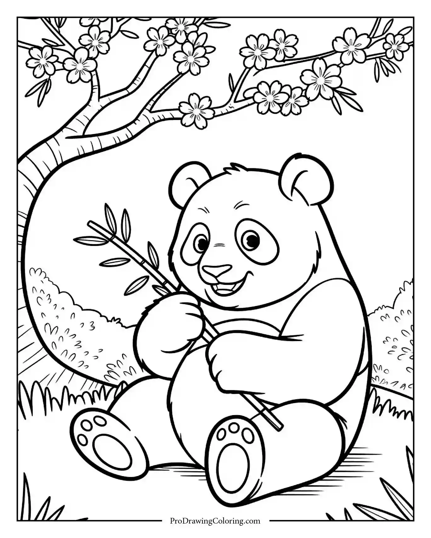 Smiling panda character line art to color under cherry blossoms