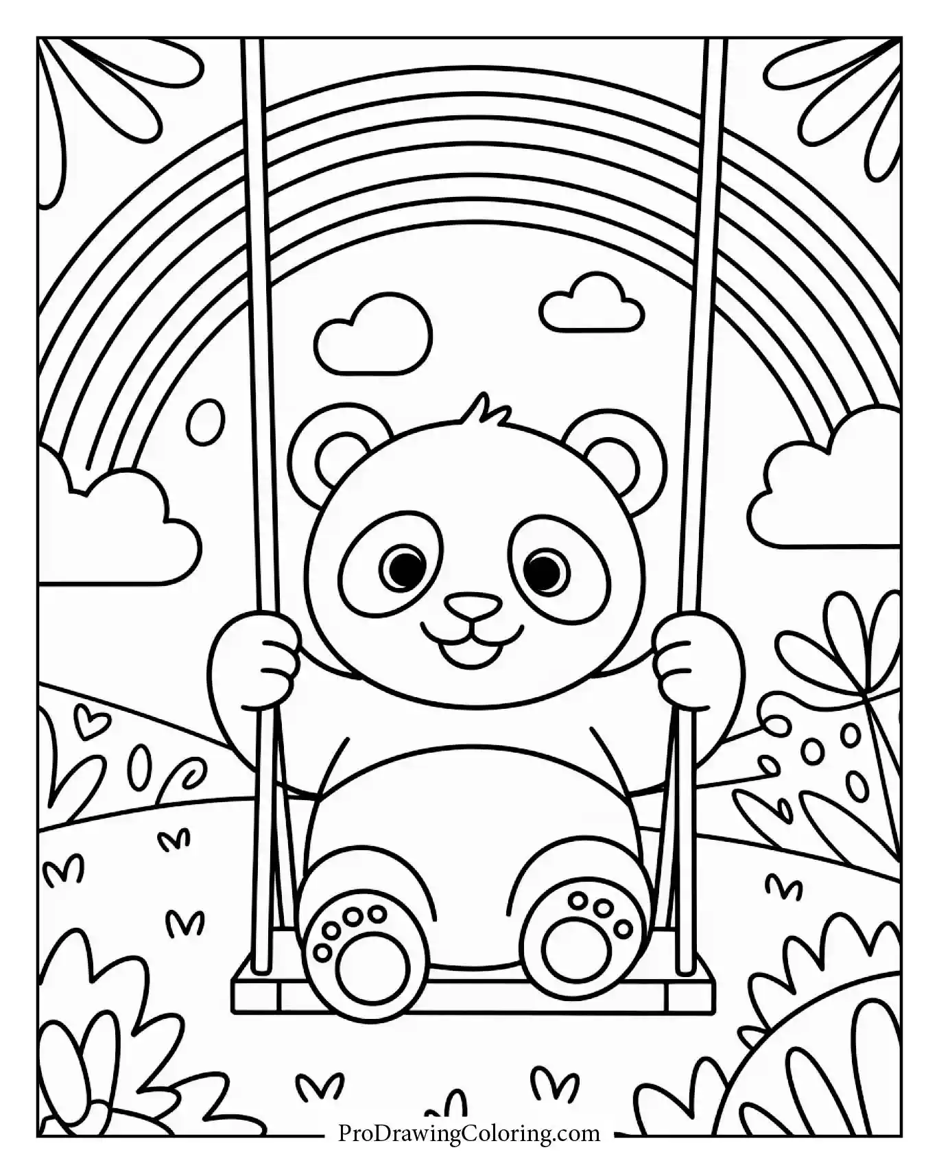 A panda swinging gently under a rainbow-colored sky in a peaceful clearing coloring sheet