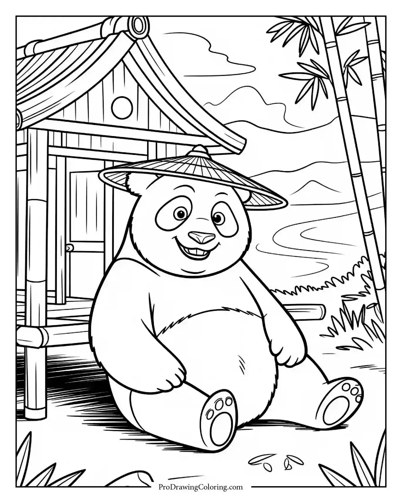 Relaxed panda wearing straw hat resting near bamboo house
