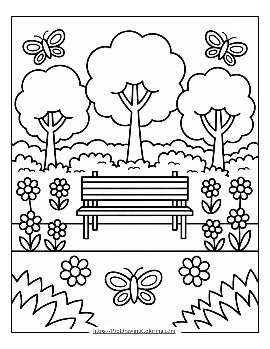 quiet park scene with a wooden bench, blooming flowers, trees, and butterflies in spring