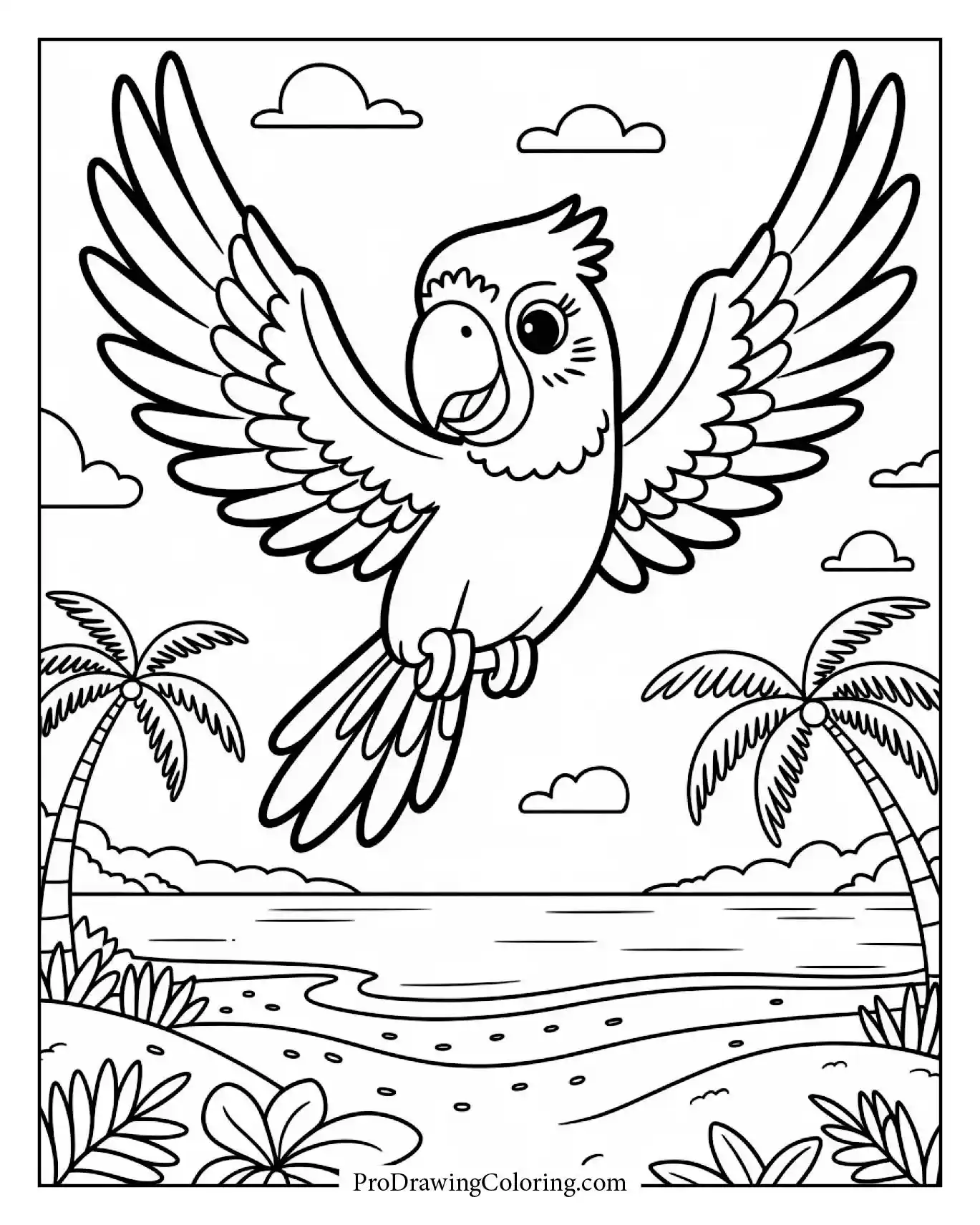 Beach coloring pages – parrot flying over tropical beach