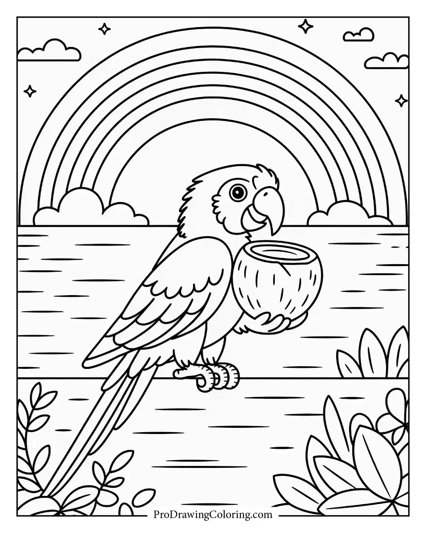 A cheerful parrot sipping from a coconut under a beautiful rainbow sunset