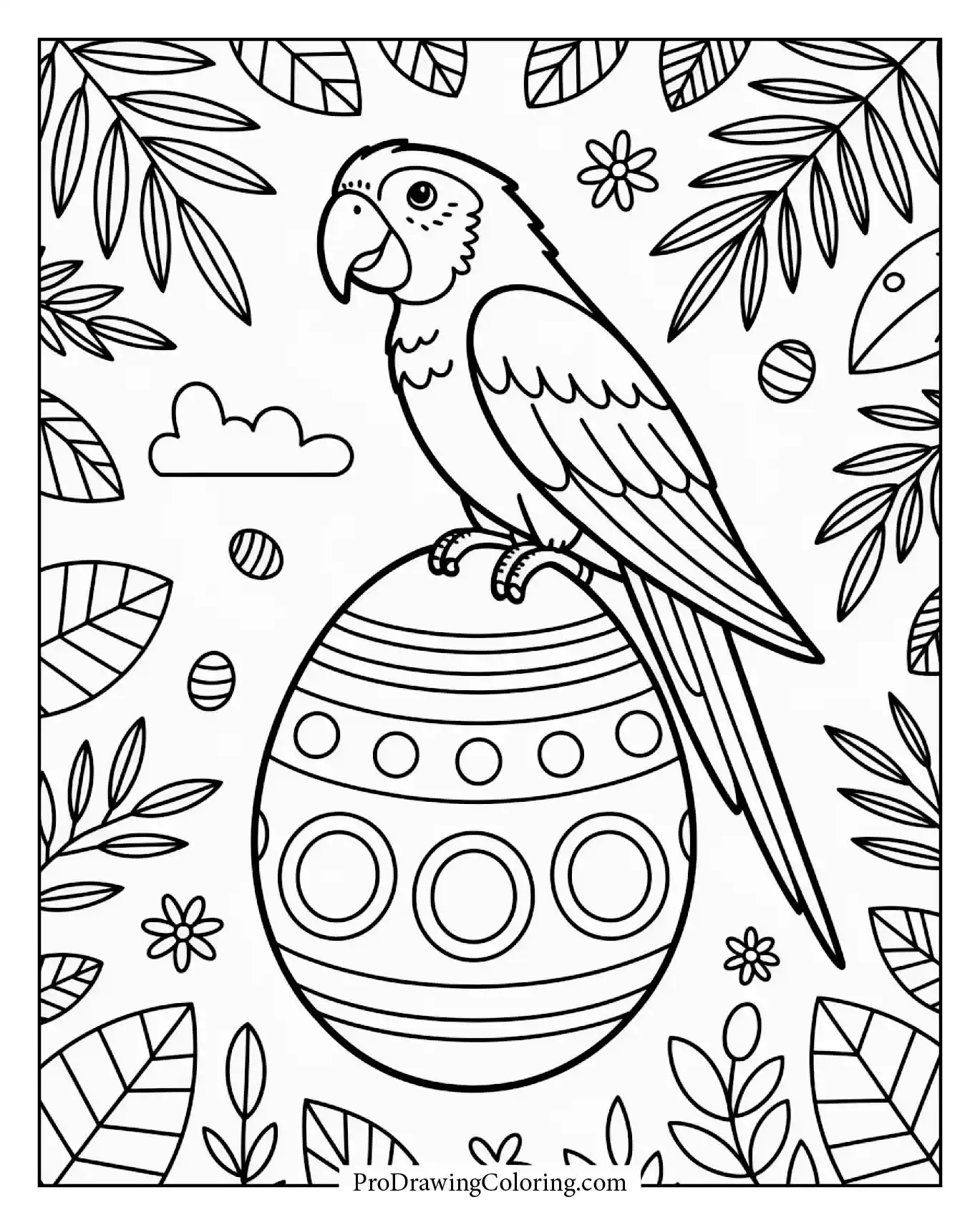 A bright parrot perched on a big Easter egg surrounded by tropical leaves.