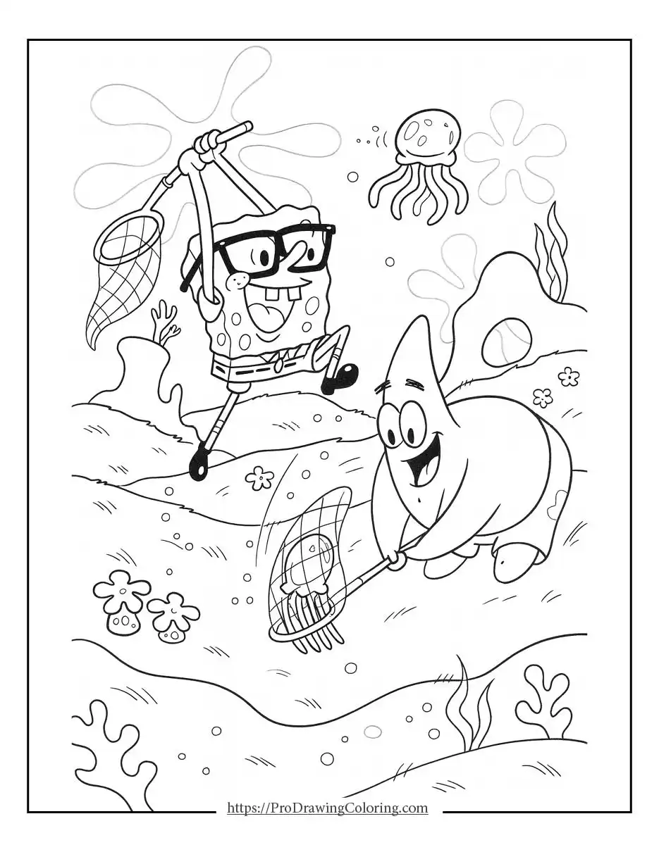 Patrick SpongeBob coloring pages showing SpongeBob and Patrick catching jellyfish together