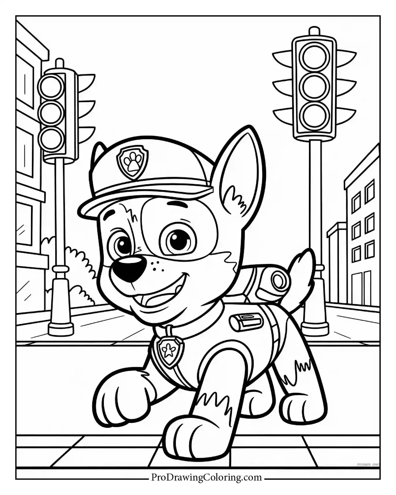Printable Paw Patrol Chase coloring page showing him patrolling the busy city streets