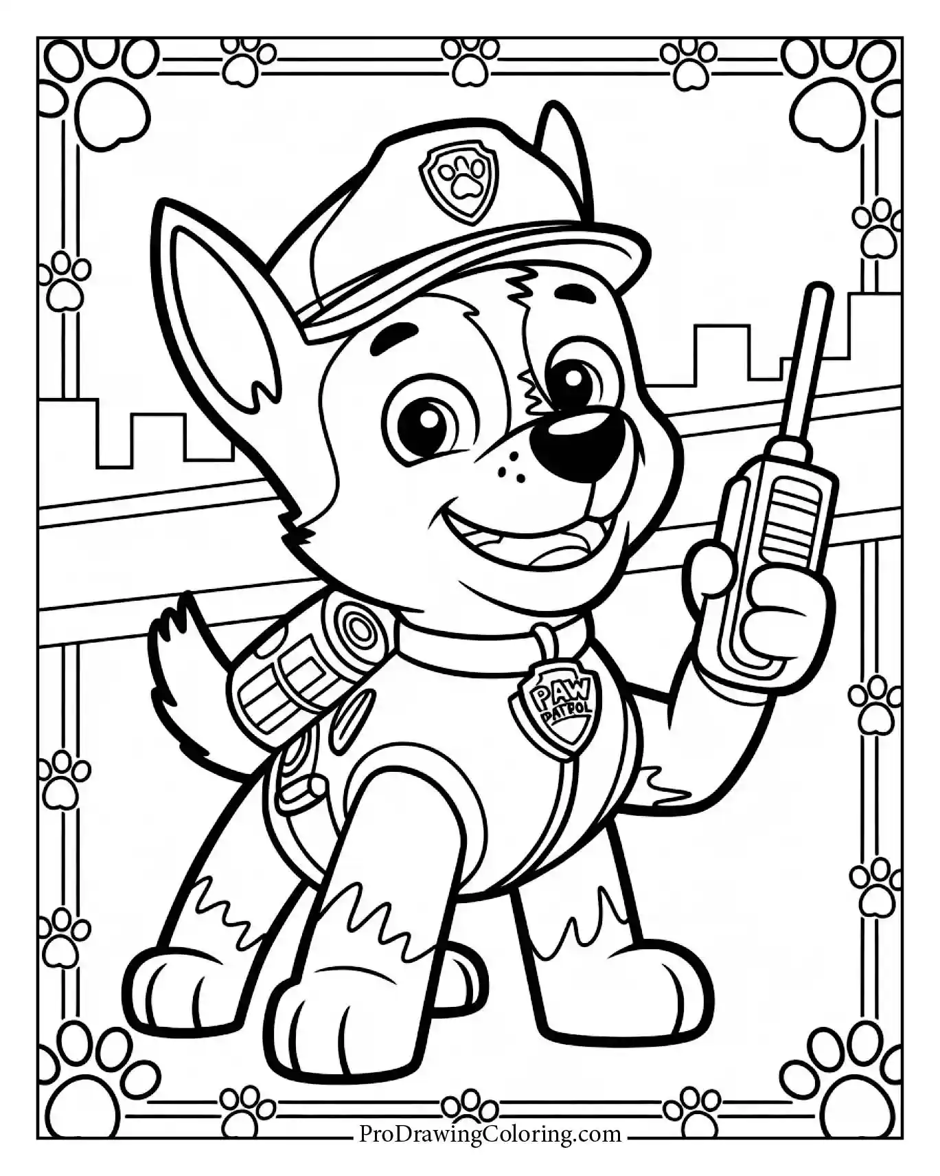 Printable Paw Patrol Chase coloring page for young fans of the brave police pup