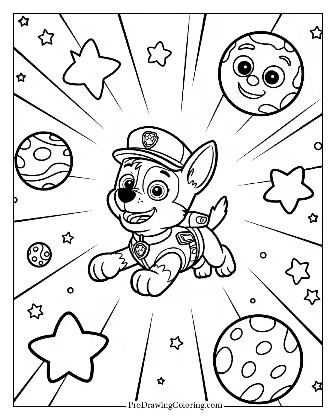 Chase Paw Patrol coloring page as a space explorer in an astronaut suit