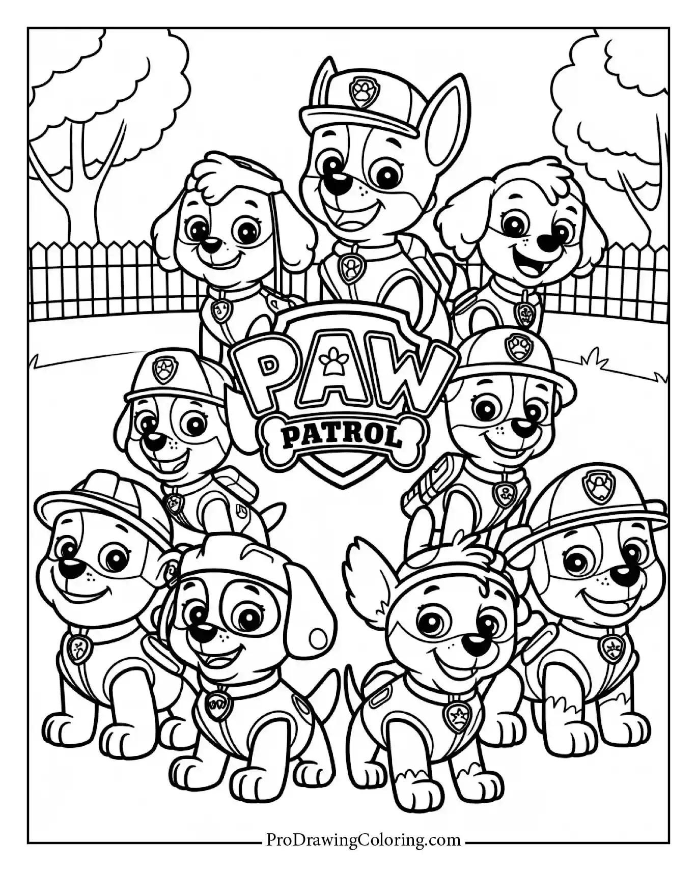 Fun and creative paw patrol coloring page featuring the whole team
