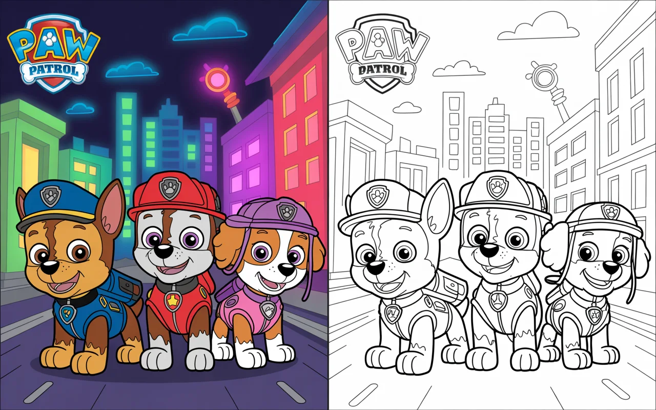 Paw patrol coloring pages showing a team of rescue puppies in a city scene, with a colorful illustration on the left and a black and white coloring page on the right