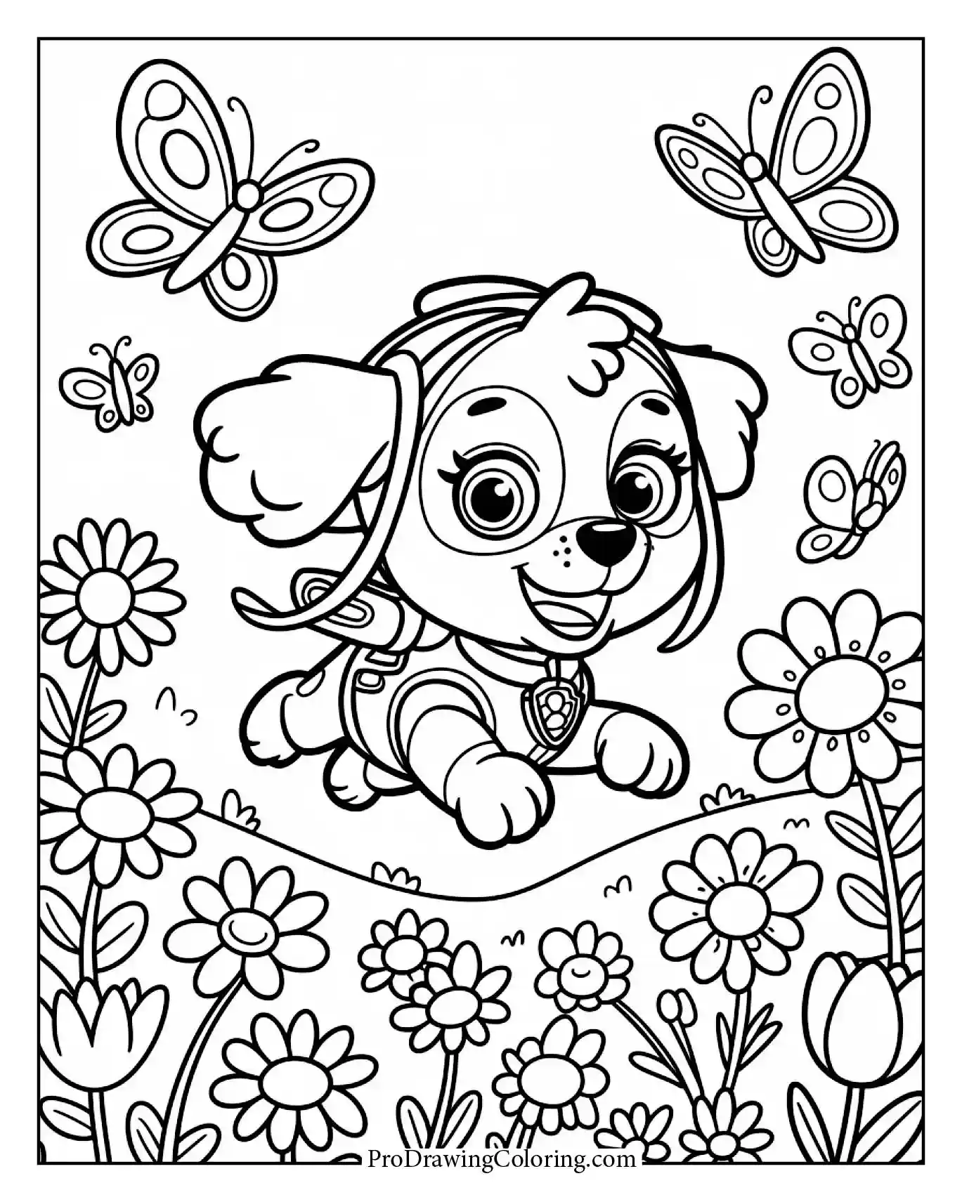 Paw patrol coloring pages Skye playing in a flower garden